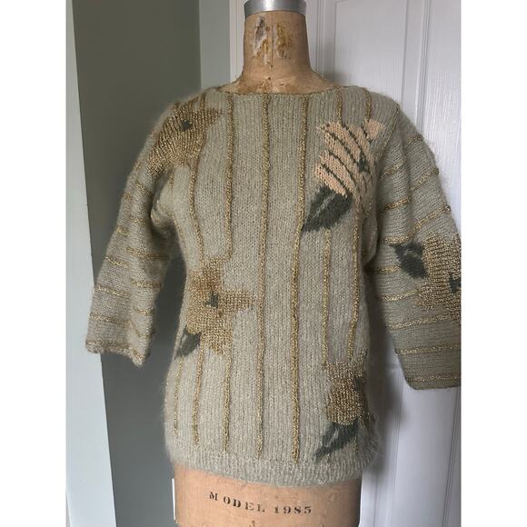 Vintage Mohair Wool Sweater gold metallic striped floral sage Mint green glam - Picture 3 of 16